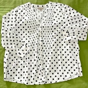 Woman Within Womans Polka Dot Top Sz 3X Pintuck Pleats Notched Collar